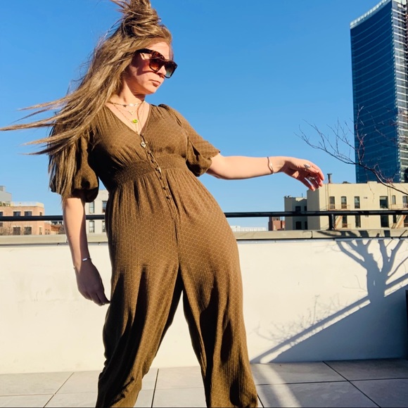 UO Vintage Bell Sleeve V-neck Earthy Jumpsuit Long Legs - Picture 10 of 16